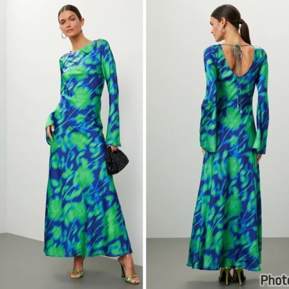 Free People THE WOLF GANG Calypso Green Blue Maxi Long Sleeve Dress sz Small